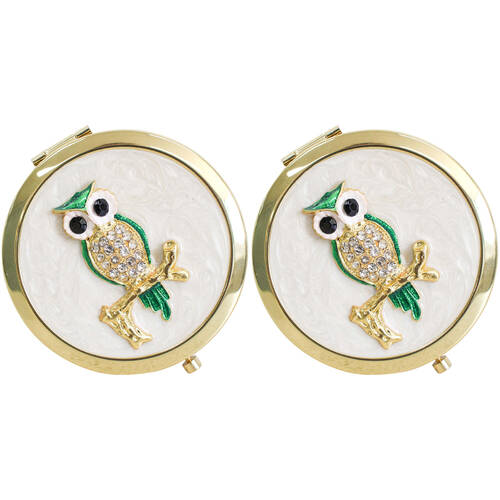 2PK LVD Metal/Enamel Compact Makeup Mirror Womens Accessory 7cm Owl