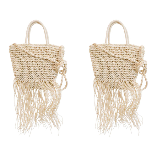 2PK LVD Women's Woven Fringing Handbag/Shoulder Bag 33cm w/ Strap Natural