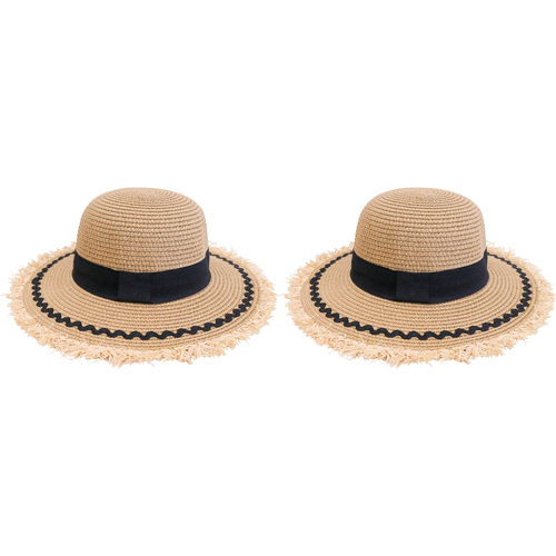 2PK LVD Kids/Children Woven Sun Hat 30cm Brim Round - Fringing Black