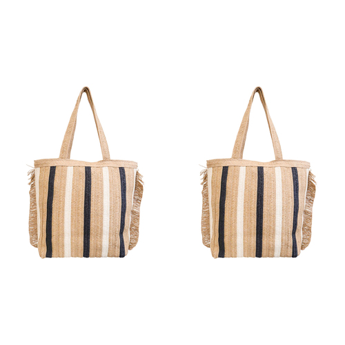 2PK LVD Women's/Ladies Stripe Fringe Tote Bag 47cm - Natural