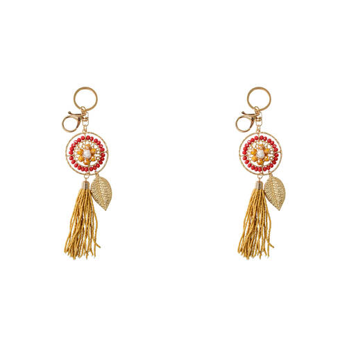 2PK LVD Keyring Bag Hanger w/ Beads & Leaf Accessory 16cm - Mustard