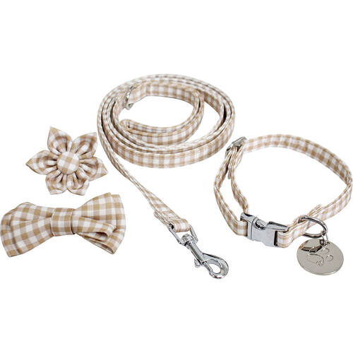 Lavida Polyester/Metal Pet/Dog S-M Collar & Accessories Set - Check Beige