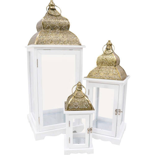 3pc LVD Wooden Metal/Glass Lanterns Kaylah Set 25x69cm/20x50cm/14x35cm White