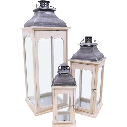 3pc LVD Wooden Metal/Glass Lanterns Arlo Set 26x75cm/20x50cm/14x35cm White/Grey