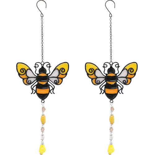 2PK LVD Glass/Metal Bumble Bee Outdoor Hanging Suncatcher 36cm Yellow