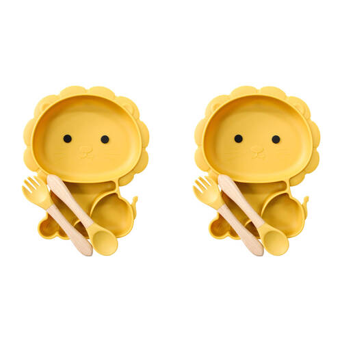 2x 3pc LVD Lion Silicone Baby Feeding Bowl and Cutlery Set 22x19cm Yellow