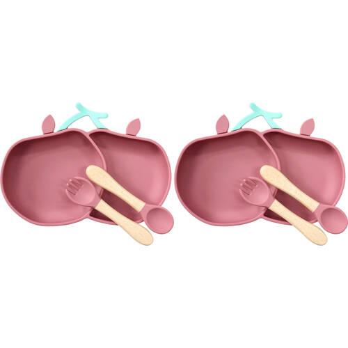 2x 3pc LVD Cherries Silicone Baby Feeding Bowl and Cutlery Set 23x17cm Red