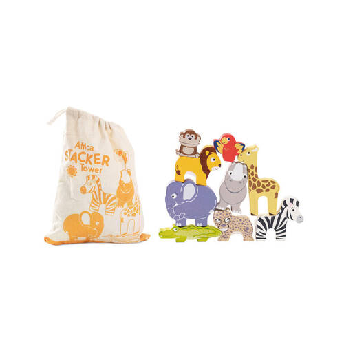 9pc Le Toy Van Wooden Petilou Africa Stacking Animals w/ Bag Kids 18m+