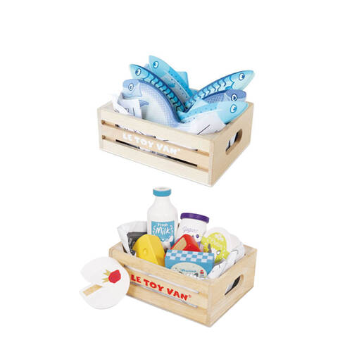 Le Toy Van Honeybake Fresh Fish/Cheese & Dairy in Crate Wooden Toy 2y+
