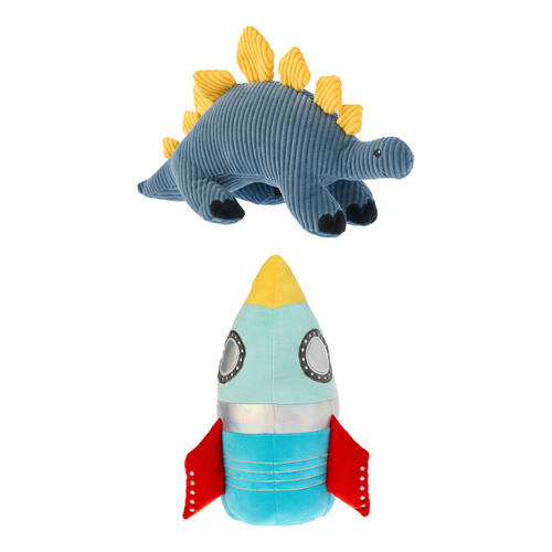 2pc Linen House Kids Racer Rocket and Sal Stegosaurus Plush Toy Cushions Set