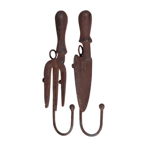 2pc Esschert Design Cast Iron Fork & Spade Wall Hook Home Decor 21cm Brown