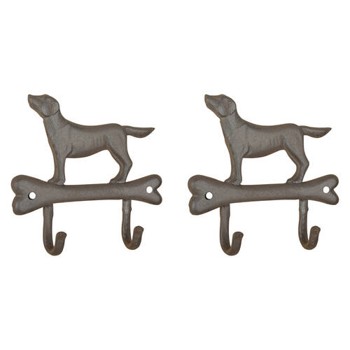 2PK Esschert Design Cast Iron Dog On Bone Wall Hook Home Decor 19.3cm Grey