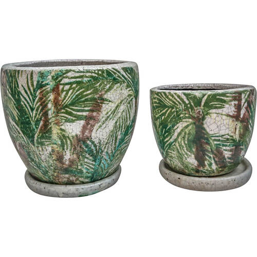 2pc LVD Terracotta Planter Pot Curve Palms Set 21.5x18cm/16x12.5cm Green