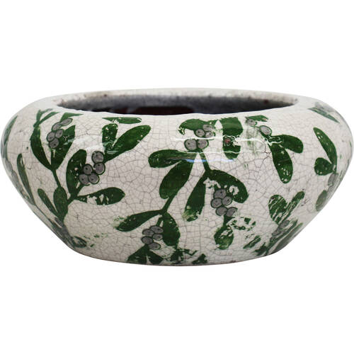 LVD Large Terracotta Leaves Planter Pot Squat 25x10.5cm Green/White