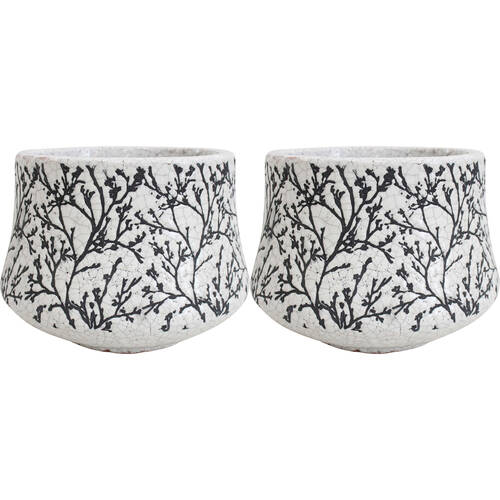 2PK LVD Terracotta Planter Pot Angle Branching Tree 21x15.5cm White/Black