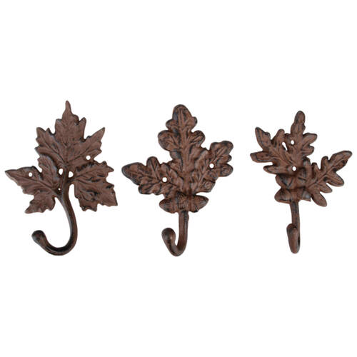 3pc Esschert Design Cast Iron Leaf Wall Hook Indoor Home Decor 19.3cm Brown