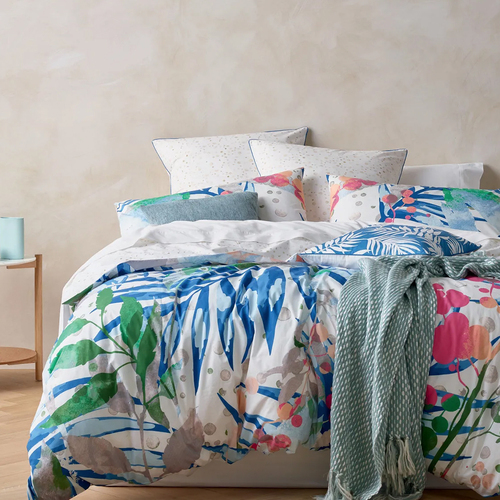 Lorraine Lea Cotton Sateen Avoca Quilt Cover Set Queen Bed White/Blue