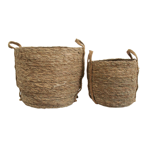 LVD 2pc Natural Rush/Cotton 30/45cm Curve Ivy Basket Set w/ Handle Decor - Brown