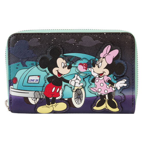 Loungefly Vegan Leather Disney Mickey & Minnie Date DriveIn Zip Wallet 6x4in