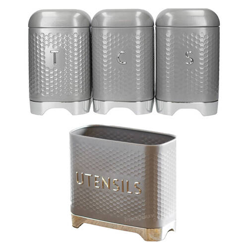 Kitchencraft Grey Lovello Textured Tea/Coffee/Sugar Set & Utensil Holder Combo
