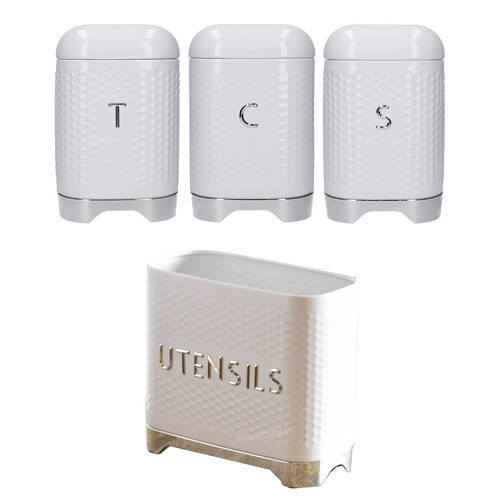 Kitchencraft White Lovello Textured Tea/Coffee/Sugar Set & Utensil Holder Combo