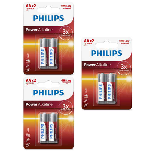 6PK Philips AA Power Alkaline Battery LR6 1.5V - Long Lasting