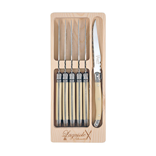 6pc Laguiole Silhouette Steak Knife Set w/ Wooden Box - Ivory