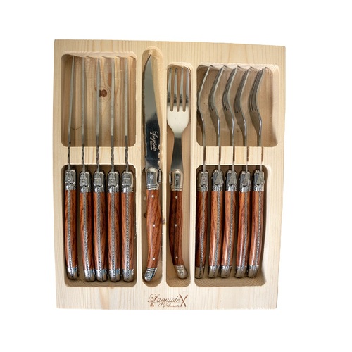 12pc Laguiole Silhouette Steak Knife & Fork Set - Wood