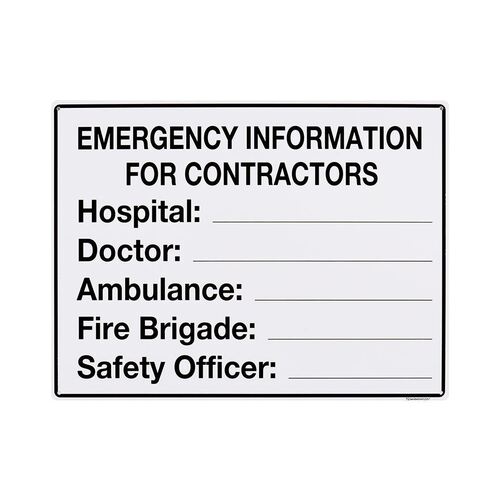 Emergency Information For Contractors Large Sign 450x600x1mm Polypropylene