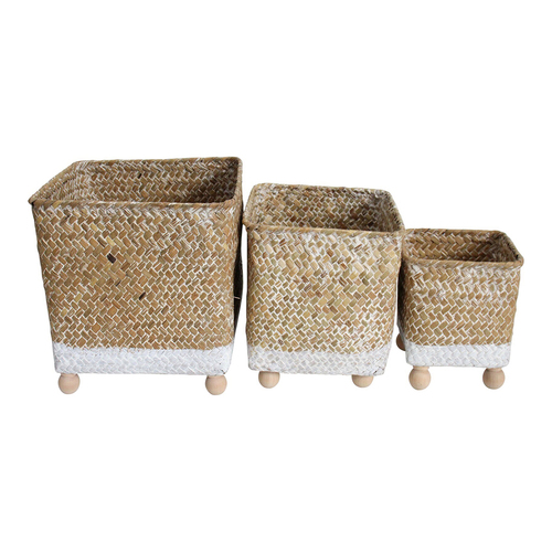 LVD 3pc Woven Straw/Wood 15/20/23cm Square Foot Tub Set - Natural/White
