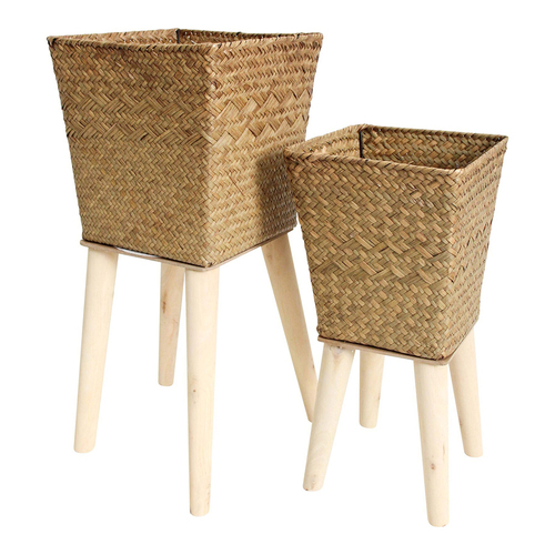 LVD 2PK Straw Planter 48/38cm Pot Set w/ Wood Stand - Natural