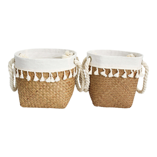 LVD 2pc Woven Straw/Cotton Lined 23/25cm Baskets Set w/ Handle - Natural/White