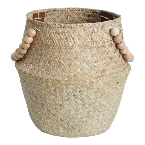 LVD Straw/Wood 28cm Woven Belly Basket w/ Beads Handle - Wash