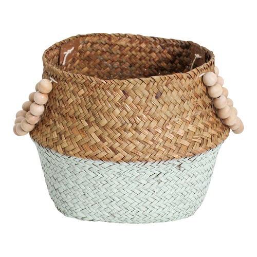 LVD Straw/Wood 28cm Woven Belly Basket w/ Beads Handle - Blue/Natural