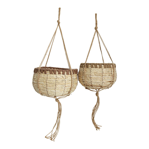 LVD 2PK Woven Straw 26/21cm Hanging Basket Planter w/ Edged Hanger