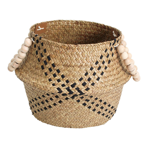 LVD Straw/Wood 28cm Woven Belly Basket w/ Beads Handle - Black/Natural