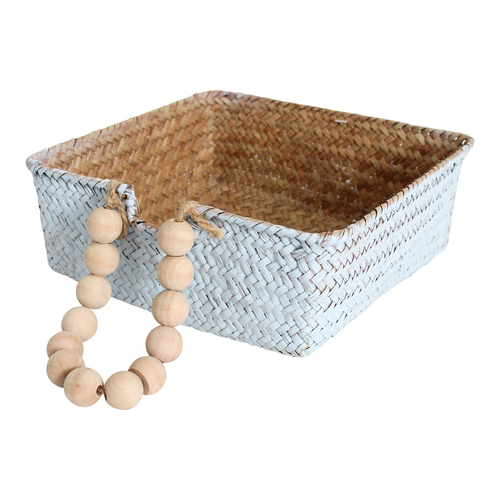 LVD Straw 20cm Napkin Holder Basket Square - Wash Blue/Beads