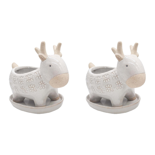 2PK LVD Ceramic/Stoneware Planter Deer Home Decor 17.7cm White