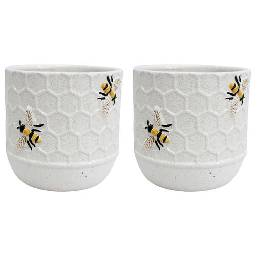 2PK LVD Ceramic Pot Plug Bee Honey Cone Home/Garden Decor 14cm - White