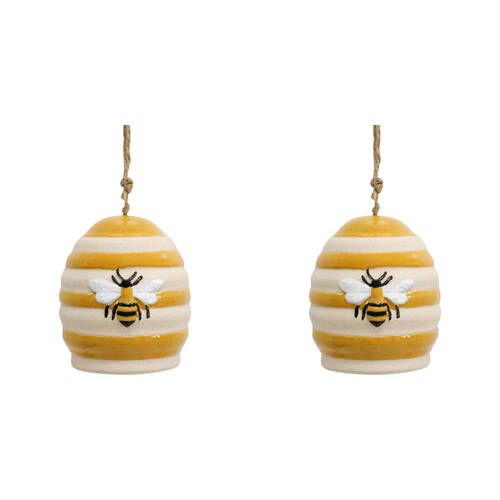 2PK LVD Ceramic Stoneware Chime Bee Hanging Outdoor Garden Decor 10.2cm