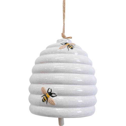 LVD Ceramic Bee Chime Rustic Hanging Outdoor Garden Decor White 14.3cm