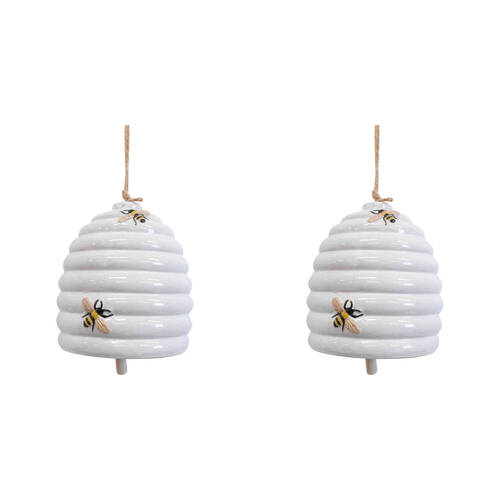 2PK LVD Ceramic Bee Chime Rustic Hanging Outdoor Garden Decor White 14.3cm