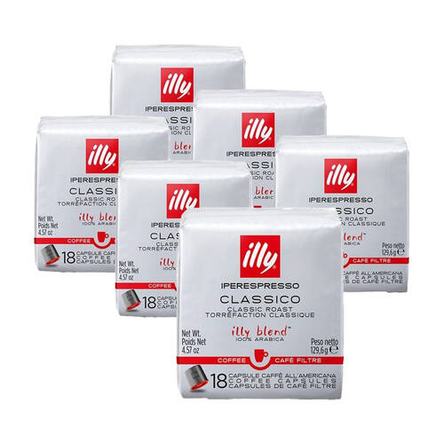 6x 18pc illy iperEspresso Capsules Classico Caffe All'Americana 130g