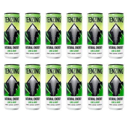 12PK Tenzing Natural Sparkling Energy Drink Lime And Mint Cans Vegan 330ml