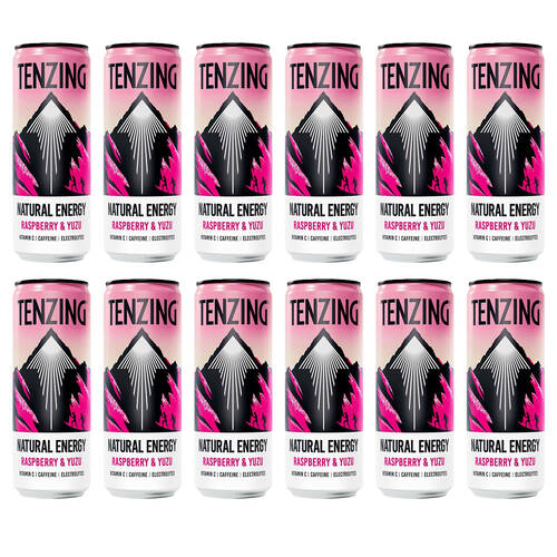 12PK Tenzing Natural Sparkling Energy Drink Raspberry and Yuzu Cans Vegan 330ml