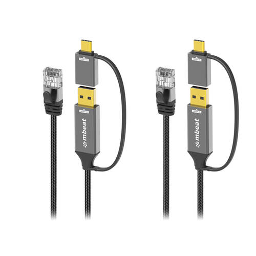 2PK mbeat Tough Link 3m USB & USB-C to RJ45 Ethernet Cable CAT6 Space Grey