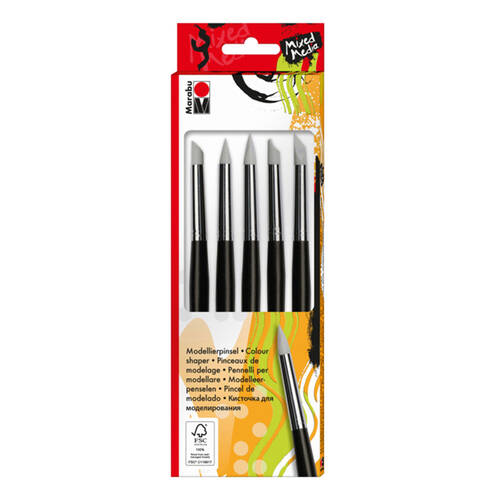 5pc Marabu Colour Shapers Round, Flat & Angled Silicone Tip Brush Set Black