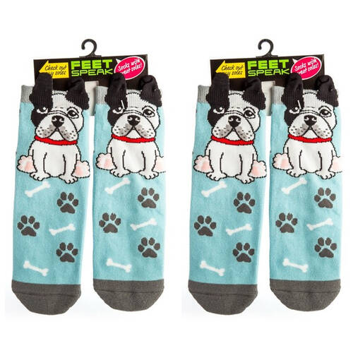 2PK Feet Speak French Bulldog Women's Casual Crew Socks Blue One-Size