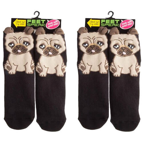 2PK Feet Speak Pug Women's Casual Crew Socks Black One-Size