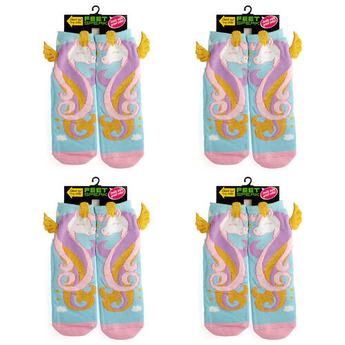 4PK Feet Speak Unicorn Princess Women's Casual Crew Socks One-Size